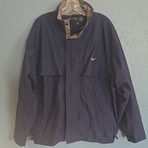 Y2K Nike Men's Dark Blue Storm-Fit Windbreaker with Tan Accents